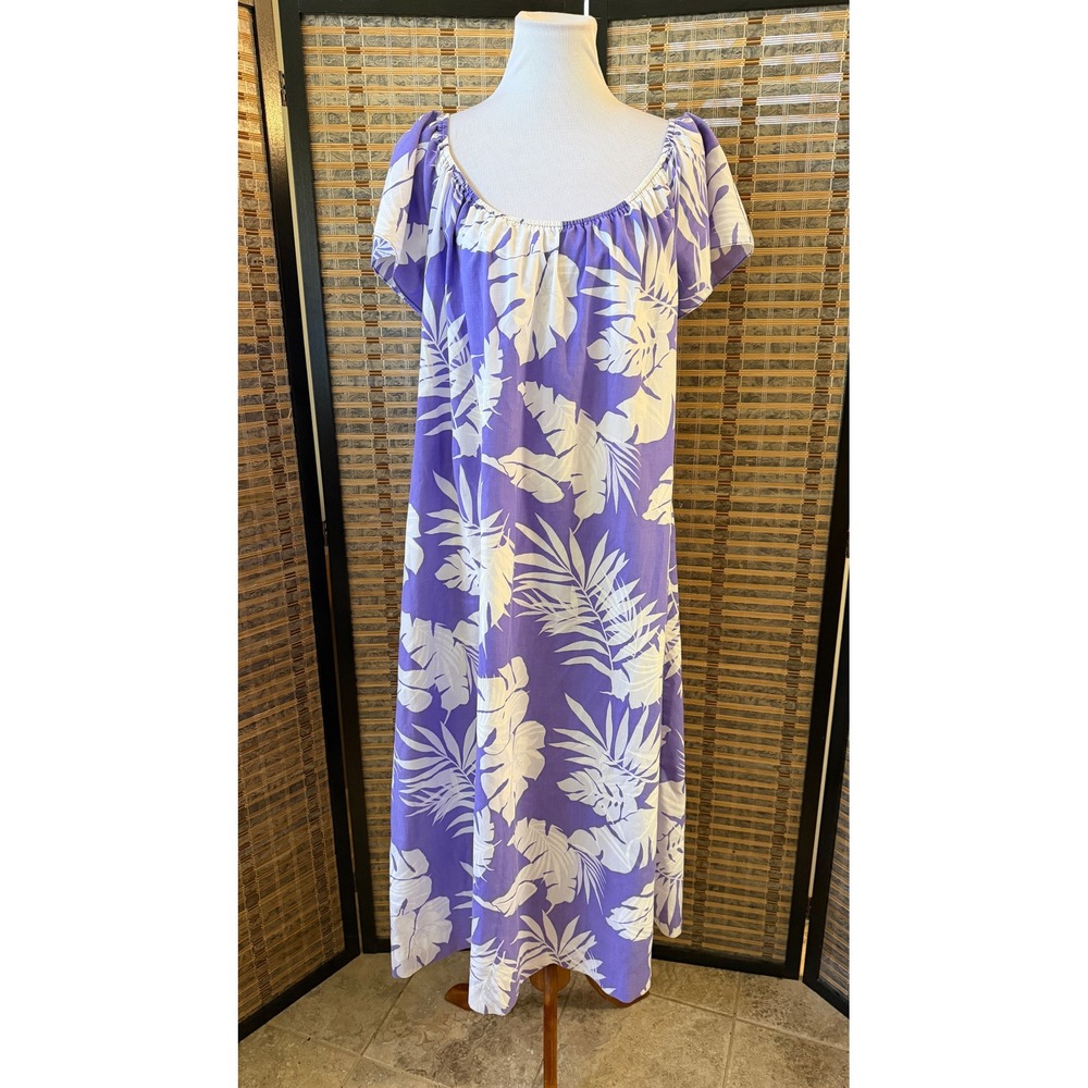 Hilo Hattie Muumuu Dress Womens XL Purple Tropical Palm Leaf Aloha Hawaii